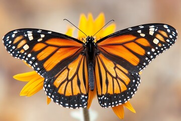 Fototapeta premium A close-up of a vibrant monarch butterfly resting on a sunflower, with its intricate wing patterns clearly visible