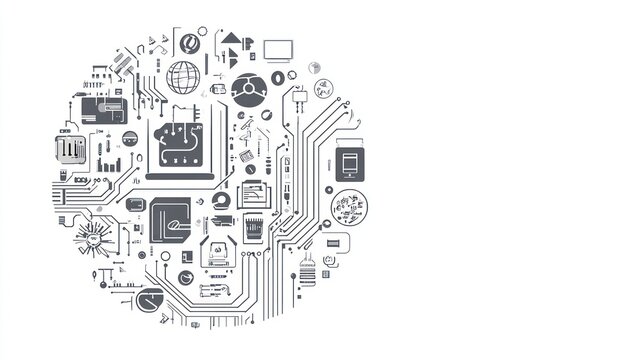 Abstract circular graphic design of interconnected technology icons, circuit board style.