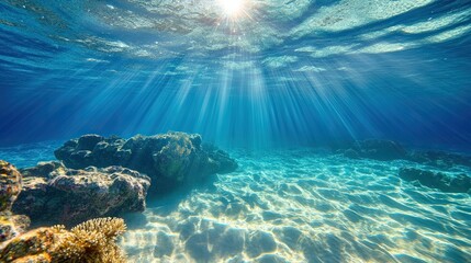 Fototapeta premium A serene underwater background with rays of sunlight piercing through clear blue water. 