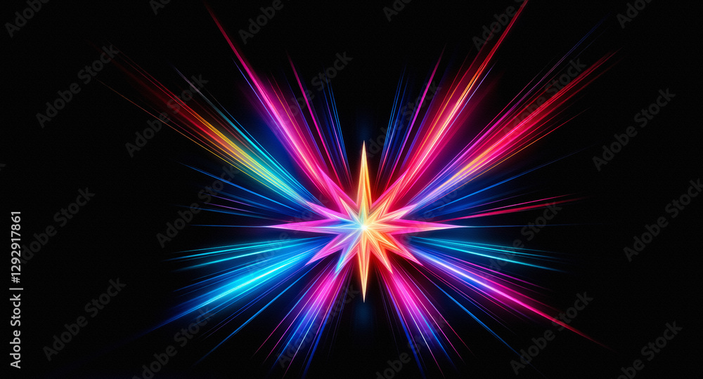 Poster vibrant light beams radiate outward from the center against a dark backdrop, creating an abstract an