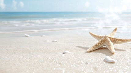Serene sandy beach with starfish and gentle waves under a clear sky, perfect for summer relaxation.
