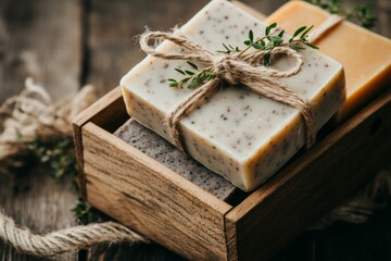 A collection of natural soaps in earthy tones, arranged neatly in a wooden gift box with eco-friendly packaging
