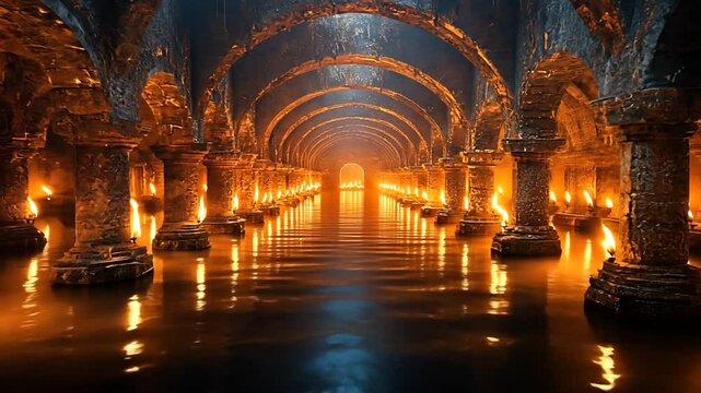 Ancient Water Tunnel with Flaming Torches