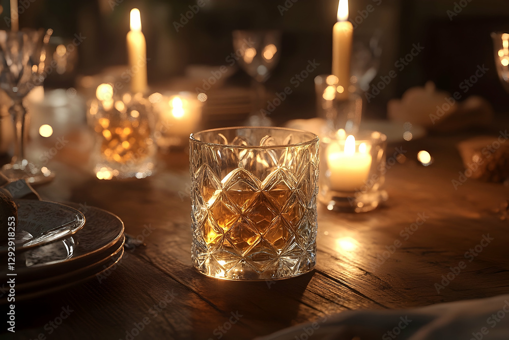 Poster elegant and atmospheric table setting with glowing candles and glassware