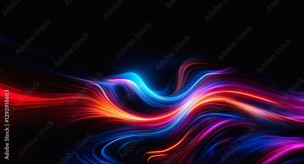 Poster vibrant waves of colorful light flow and intertwine against a stark black backdrop, creating a dynam