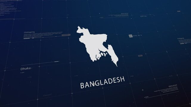 Bangladesh country map comes to life with cinematic panning, unveiling key details, the capital, and slogan, providing an engaging background for corporate and commercial use