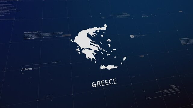 Greece country map comes to life with cinematic panning, unveiling key details, the capital, and slogan, providing an engaging background for corporate and commercial use