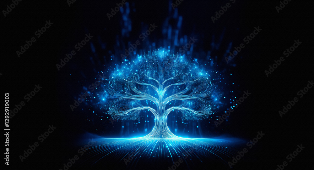 Poster a luminous blue tree radiates against the dark backdrop, its branches sparkling with light. glowing 