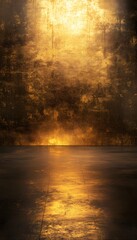 Textured golden wall casts reflection on the dark floor