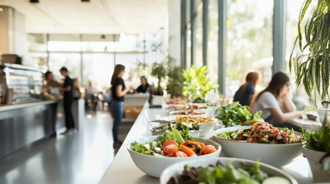 School cafeteria with students eating veggie-packed bowls. Featuring fresh vegetables and lighthearted conversations