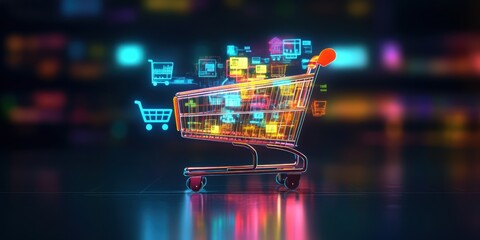 Digital Shopping Cart: An illuminated shopping cart brimming with digital products, symbolizing the ease and vastness of online shopping and the allure of a global marketplace.