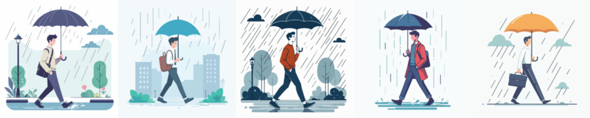 Vector of a young man walking with an umbrella. © FirdianKrisna