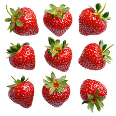 Nine Red Juicy Strawberries Isolated Black set food ripe isolated on transparent background