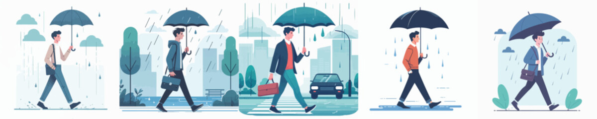 Vector of a young man walking with an umbrella.