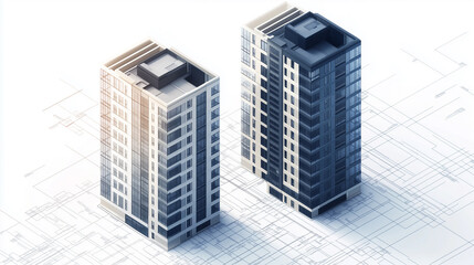 A futuristic yet realistic isometric visualization of two high-rise apartment buildings, designed with modern architecture in mind