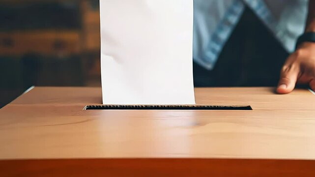 Close up of a man's hand putting a ballot into a ballot box. Election concept.
