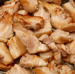 A pan of meat is cooking on a stove