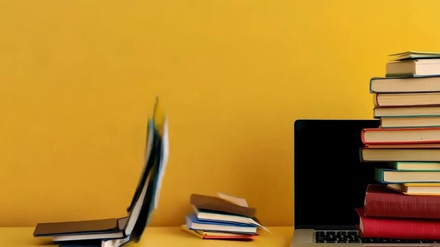 Modern open laptop lies with books on table on yellow background, concept of back to school, distance learning, work online, freelancing, copywriting for your text