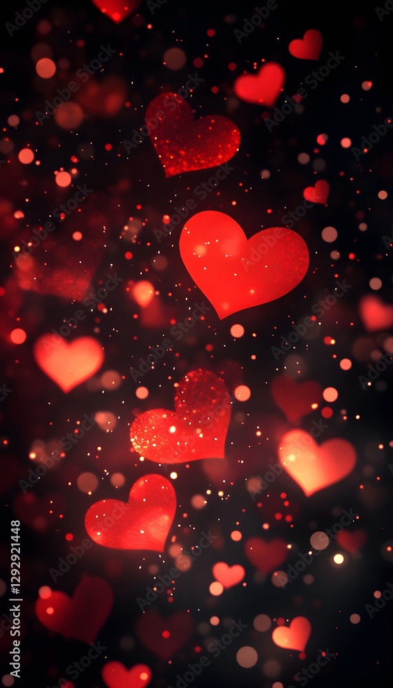 Poster a cascade of red hearts with bokeh lights background