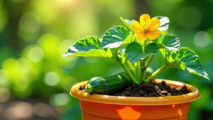 Vibrant Yellow Flower Blooming Alongside a Young Zucchini Plant in a Terracotta Pot, Basking in the Warm Sunlight of a Lush Garden