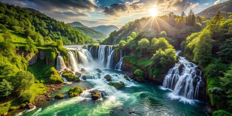 Fototapeta premium Aerial View Lush Green Mountain Waterfall River