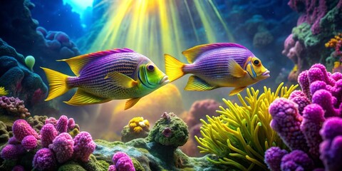 Obraz premium Vibrant Marine Life Two Exotic Fish Gracefully Swim Amidst a Lush Underwater Coral Reef, Bathed in Sunlit Rays