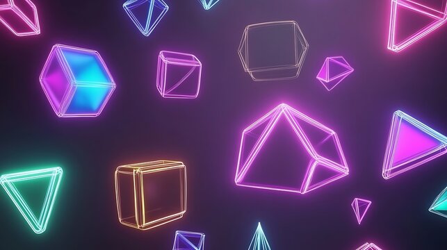 Neon Geometric Shapes Float in Purple Space