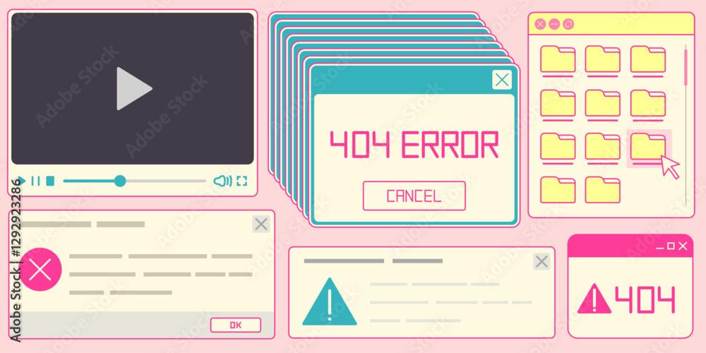 Poster retro internet system elements - video player with controls, stacked 404 error windows, folder navig
