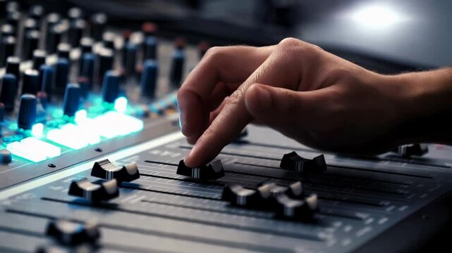 Close-up of a sound engineer adjusting faders on a professional audio mixing console in a recording studio.