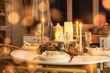 Christmas table setting with candles and fir trees in kitchen in evening