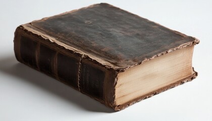 Obraz premium Antique book with cracked leather cover vintage library paper note collection nostalgic environment close-up view timeless concept