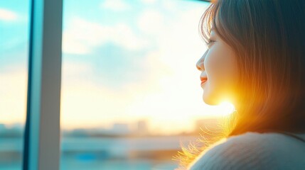 A serene woman gazes out a window, basking in the warm glow of a beautiful sunset.