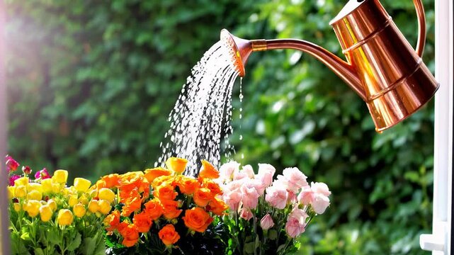 A copper watering can pours water over a vibrant flower bed in a lush green garden, illuminated by sunlight. A serene moment of gardening and plant care.