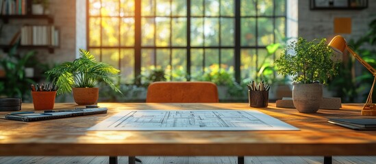 Sunny workspace with plants, documents, and office supplies on a wooden desk.
