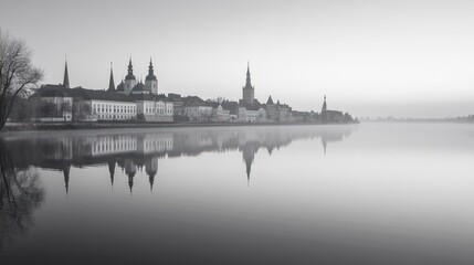 Fototapeta premium Misty morning cityscape reflected in calm water.