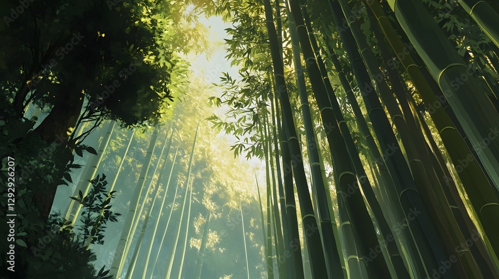 Poster tall trees with sunlight filtering through, vibrant green foliage creating a serene atmosphere in a 