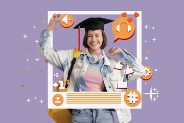 Happy female blogger in graduation hat on lilac background