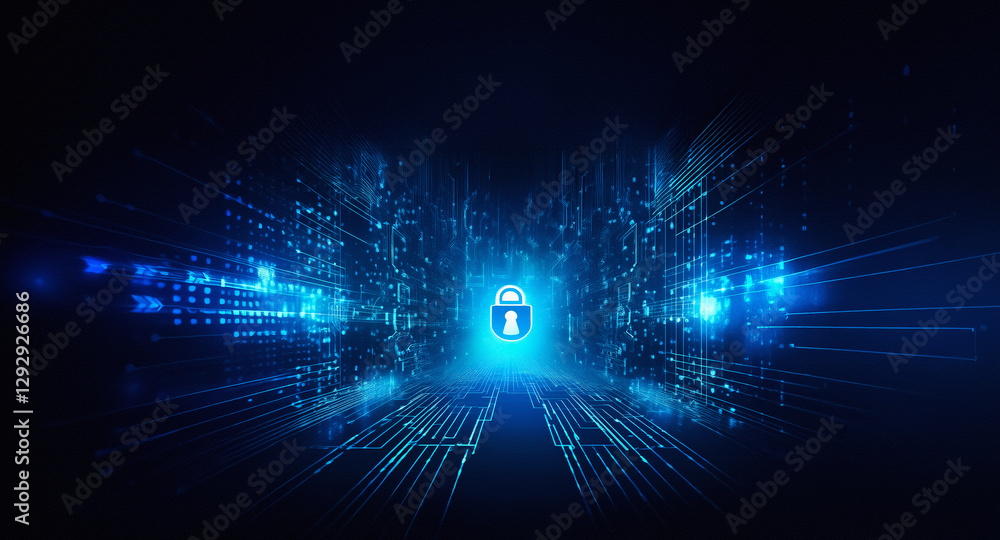 Poster blue digital padlock icon in a cyberspace environment. abstract lines and dots create a futuristic t