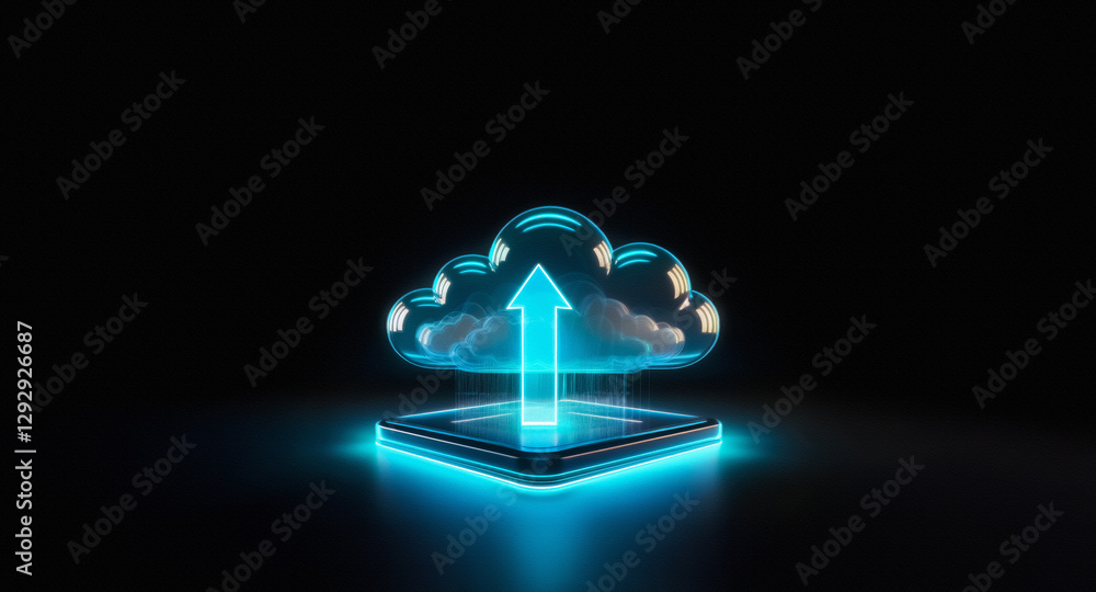 Poster a glowing blue cloud with an upward arrow sits on a platform, symbolizing data transfer to the digit