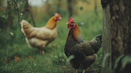 Rooster hen orchard foraging farm nature