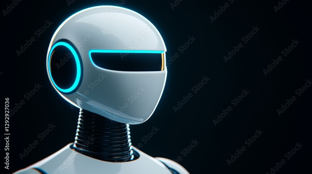 Poster futuristic robot design with sleek features and glowing accents in a dark background.