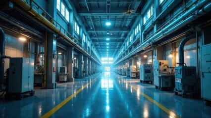 Obraz premium Vast Industrial Facility Interior Rows of Machinery Under Cool Blue Lighting Reflecting on Polished Floors