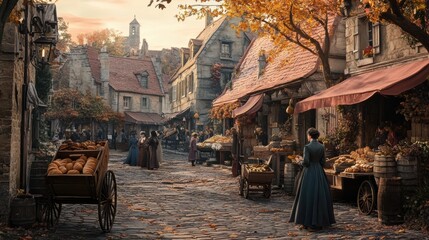 Charming marketplace in a historic village during autumn with vendors and people engaging in daily activities. Generative AI