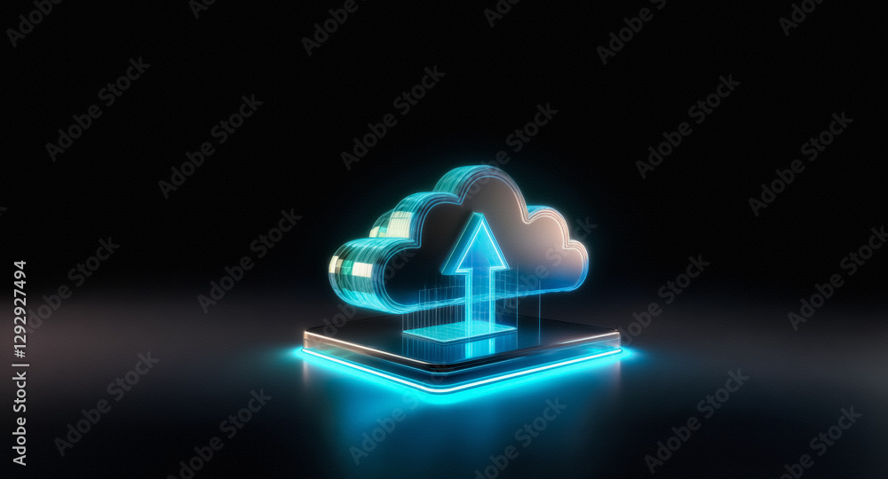 Poster a glowing blue arrow points upward from a platform to a metallic cloud icon against a dark backgroun