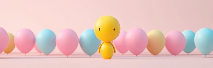A charming yellow character stands among pastel balloons on a soft pink background, evoking feelings of joy and playfulness, perfect for celebrations.