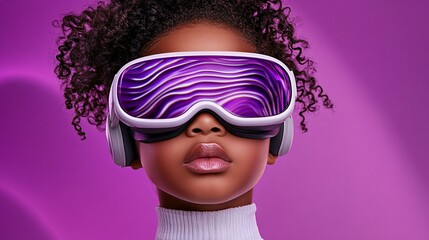 Fototapeta premium futuristic girl wearing vr headset in stylish purple environment