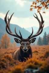 Majestic Stag with Immense Antlers Gazing Directly at the Camera in an Autumnal Meadow