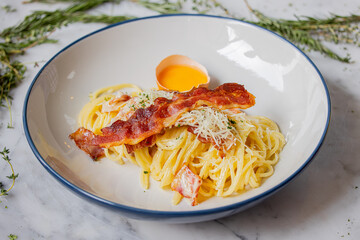 Delicious spaghetti carbonara culinary delight in a bright restaurant kitchen