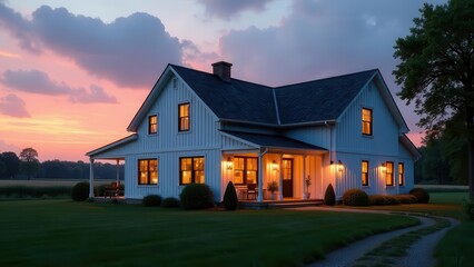 Obraz premium Serene Farmhouse Illuminated at Twilight with Warm Interior Lighting and Winding Gravel Path