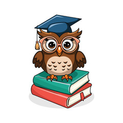 A cute cartoon-style owl sitting on top of two stacked books. The owl has big
